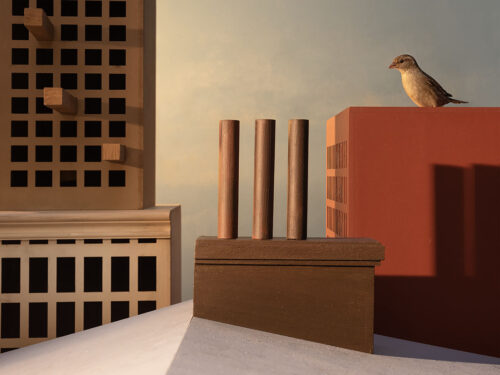 maquette van stadsbeeld met dak waar een mus op zit in warme kleuren hans van asch en edward hopper