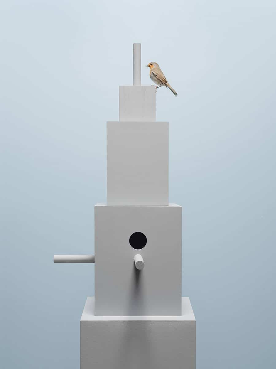 Grijze vogelhuis toren met hemelsblauwe achtergrond met een roodborstje op de top van het gebouw | © Hans van Asch