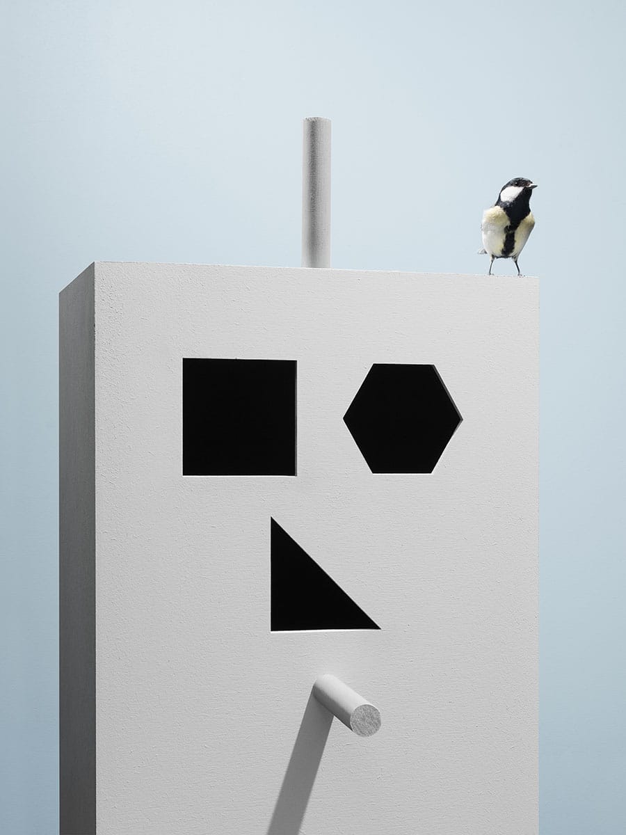 Groot grijs vogelhuis met abstracte zwarte geometrische gaten als een gezicht met een koolmees op het dak