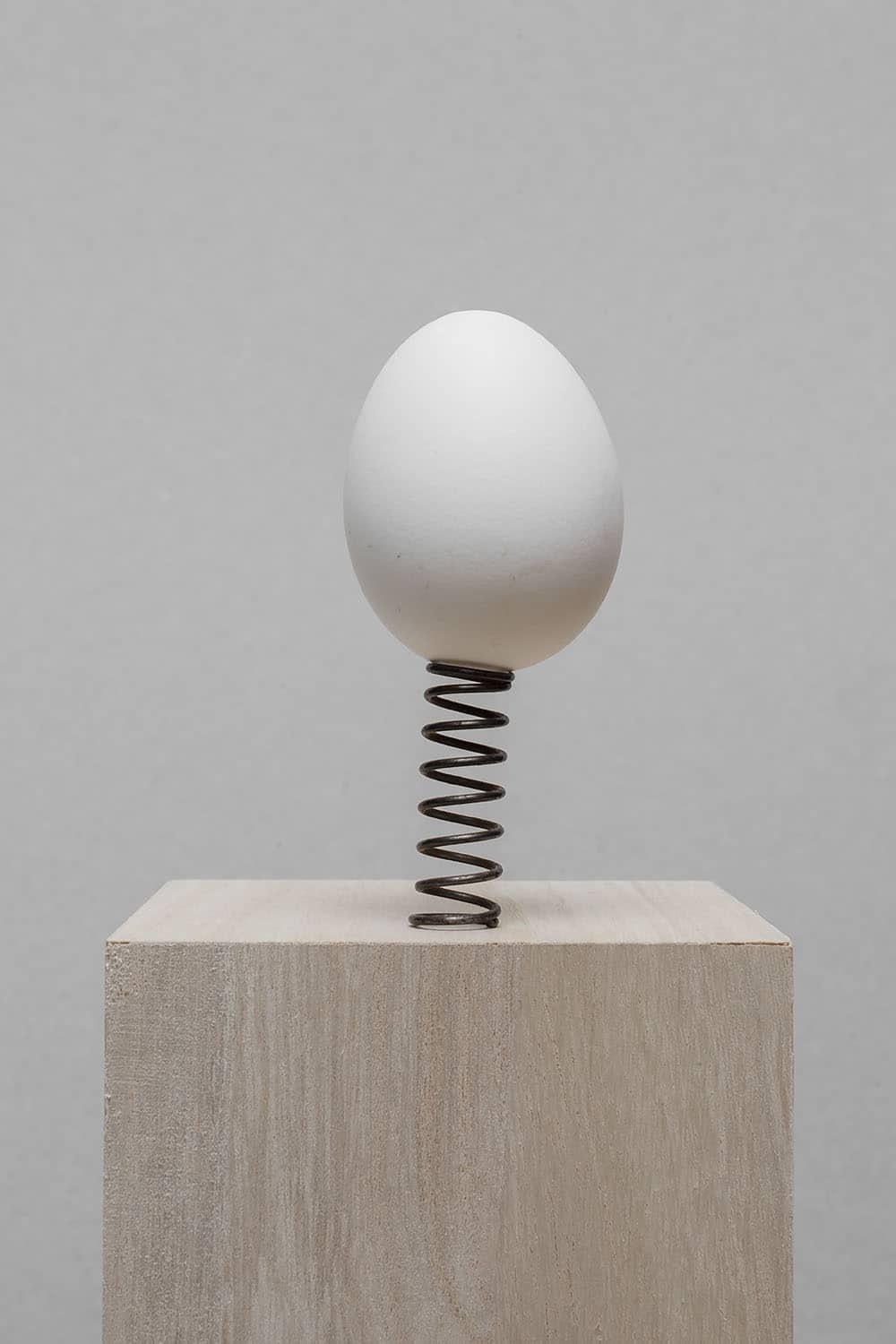 een wit ei op een metalen veer op een sokkel © Hans van Asch