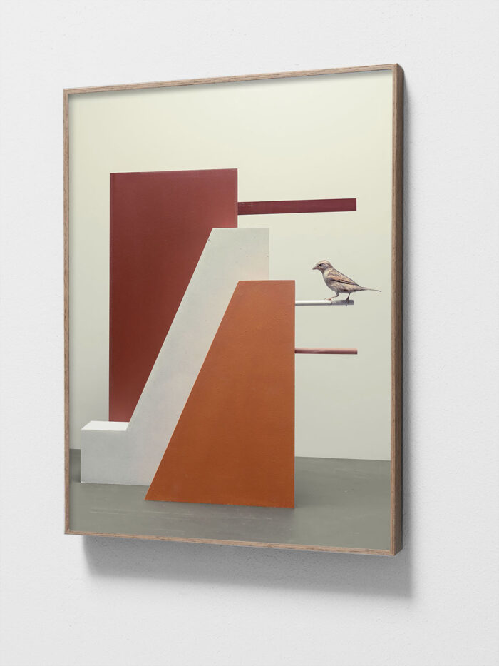 Abstracte oranje vorm met donkerrood vlak en witte abstracte tussenvorm met uitstekende stokken met mus vogelkunst