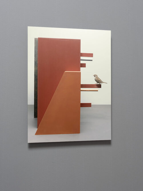 Abstracte oranje vorm met donkerrood vlak en uitstekende stokken met mus constructivisme | © Hans van Asch